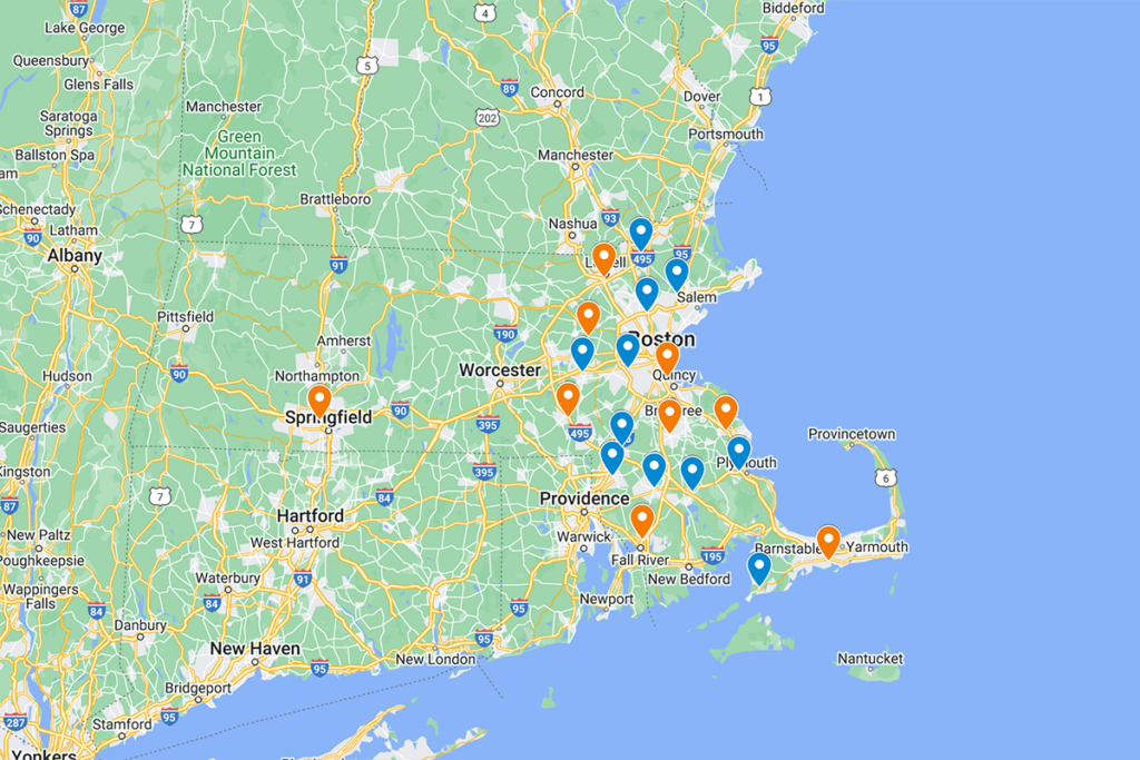 Map of Northeast Health Services locations in Massachusetts.