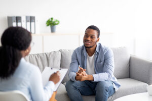 Two people talking about TMS vs. ketamine
